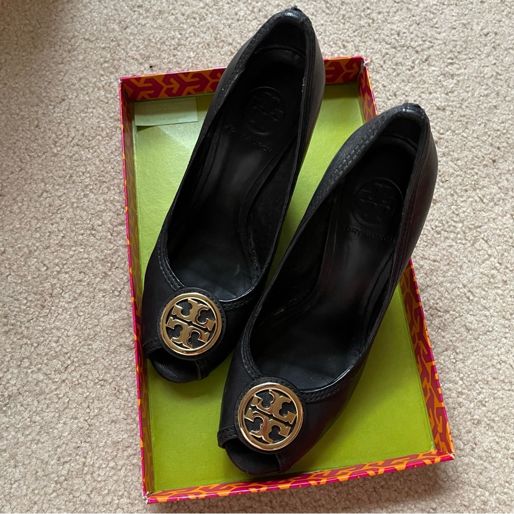 Black Tory Burch Aurelia Peep Toe Wedge Pump